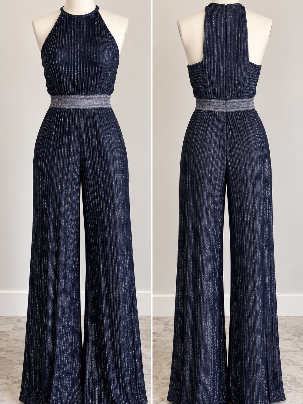 Ramy Brook Sharlene Jumpsuit 0 Navy Metallic Pleated Halter Wide Leg Disco Glam